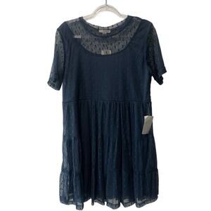 Love by Design Short Sleeve Crew Neck Pin Dot A Line Mini Dress Navy Size XL